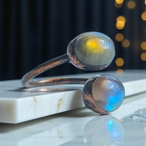 Bohoβ Vintage Labradorite Ring Adjustable Open Wrap Handmade Copper Finish - Picture 12 of 12